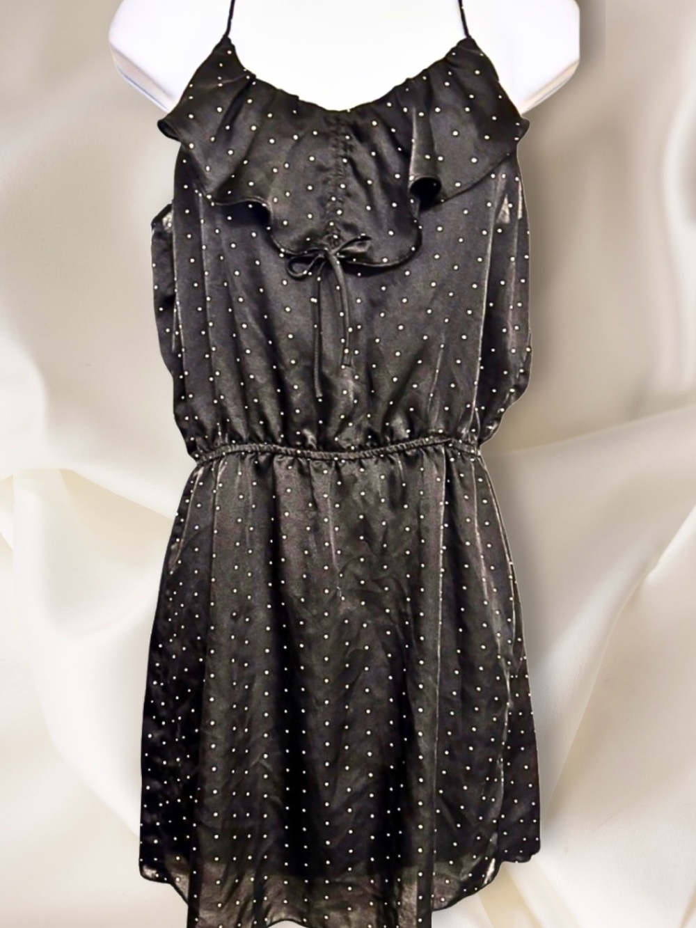 AUTHENTIC NAKED ZEBRA SLIP DRESS Silky Mini Polka Dot Ruffle Black White SZ S